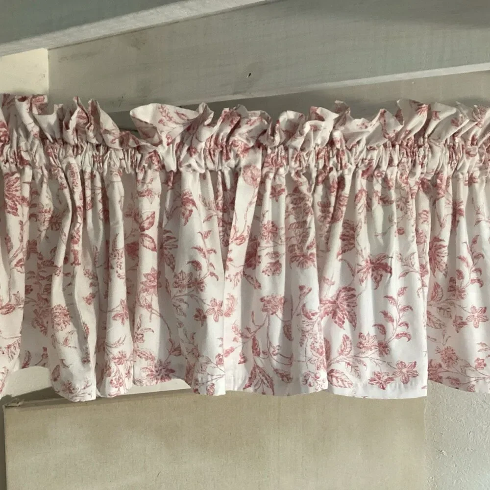 valance 80W”x20L” garnett red cotton tier curtain floral botanical 4 tie backs